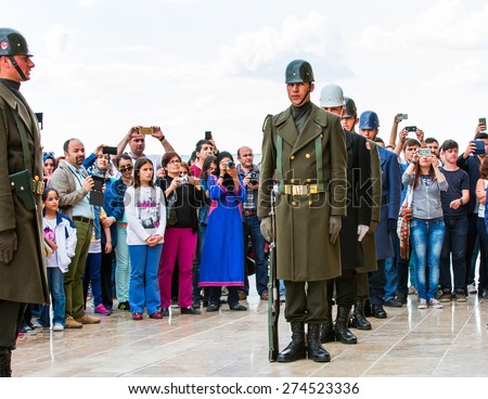 ANKARA, TURKEY - APRIL 30, 2015: Changing of the guard in  mausoleum of M. Kemal Ataturk, the leader of the Turkish War of Independence