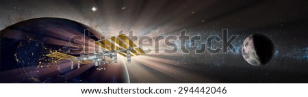 Space station in orbit around Earth against milky way.\