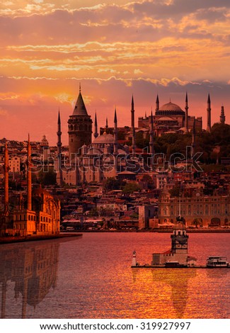 Istanbul Turkey , Maiden tower, Galata tower, Blue mosque, ortakoy mosque