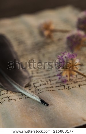 Old letter with feather quill and flowers