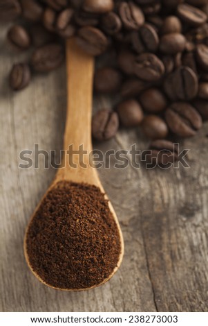 Ground coffee on a wooden spoon