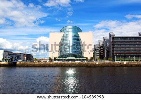 DUBLIN, IRELAND - MAY 12: The Dublin Convention Center on the river Liffey on May 12, 2012 in Dublin, Ireland. The center was designed by the American-Irish architect Kevin Roche.