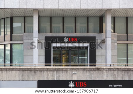 GENEVA - MAY 5: A branch of UBS bank on May 5, 2013 in Geneva, Switzerland.   UBS is a global firm providing financial services in over 50 countries.