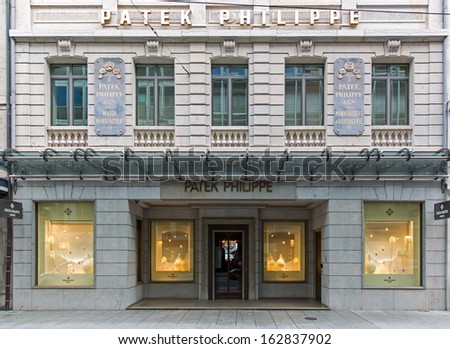 Geneva - November 13: A Patek Philippe Outlet, November 13, 2013, Geneva, Switzerland. A Patek Watch Was Sold By Sotherbys In 1999 For Usd$11 Million, Then The Most Expensive Timepiece Ever Sold.
