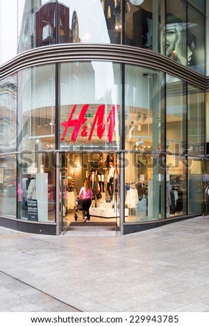 DUBLIN, IRELAND - OCTOBER 3, 2014: A branch of the Swedish retail clothing chain Hennes & Mauritz AB. In 2013 H&M existed in 55 markets worldwide, had 3132 stores and over 116,000 employees.