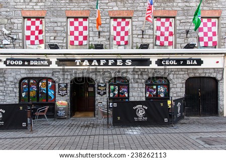 GALWAY, IRELAND  OCTOBER 24, 2014: Taaffes Bar. Located within Galway's Latin Quarter it is known as a meeting point for gaelic football supporters and features traditional Irish music.