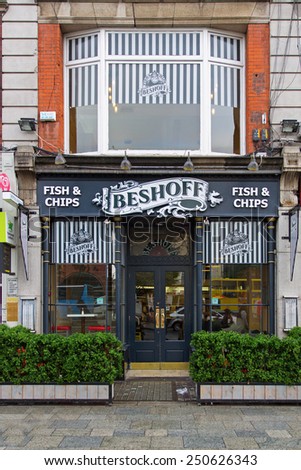 DUBLIN, IRELAND OCTOBER 3, 2014: The Beshoff fish and chips shop. Founded in 1913 by Russian Ivan Beshoff in 1913 who lived to 104 years. It serves up to 20 varieties of fresh fish.