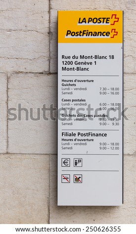 GENEVA, SWITZERLAND SEPTEMBER 21, 2014: The main Post Office in Geneva. In the first six months of 2014, Swiss Post made a Group profit of 370 million francs, on par with the previous years figure.