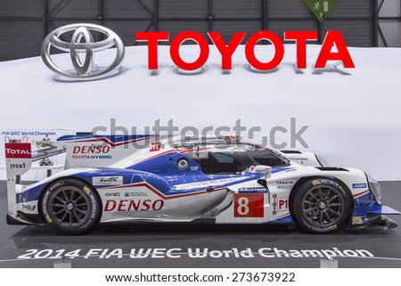 GENEVA, SWITZERLAND â?? MARCH 3, 2015: The Toyota TS040 HYBRID racing car at the Geneva Motor Show. The Le Mans Prototype develops over 1,000 PS with the engine and hybrid.