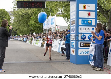 GENEVA, SWITZERLAND - MAY 2, 2015: Stijntje Reulen Langel finishes third in a time of  18:21 in the Genevoise 5k womens race as part of the Harmony Geneva marathon for UNICEF.