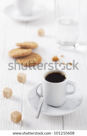 cup of coffee, brown sugar and cookies