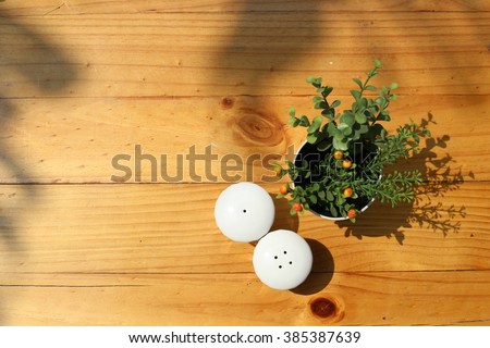 Table setting. Top view of pepper and salt shakers on wooden table decorated with artificial small plant in a vase. Shot in the morning sunlight, shadow of leaves on the scene.