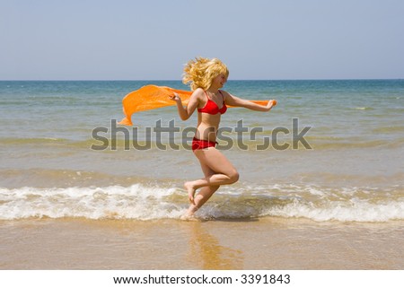 beach, girl, ocean, sea, sand, sun, jump
