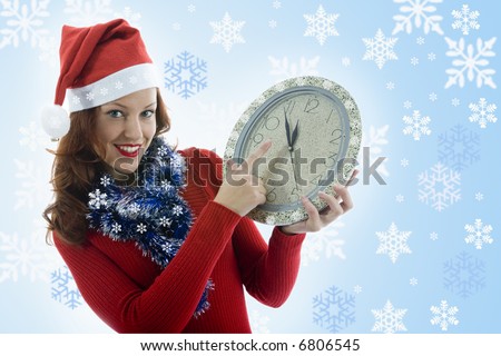 Beautiful woman with clock  on white background