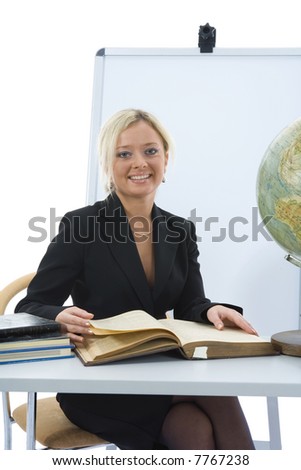 young teacher will teach geography on isolated background