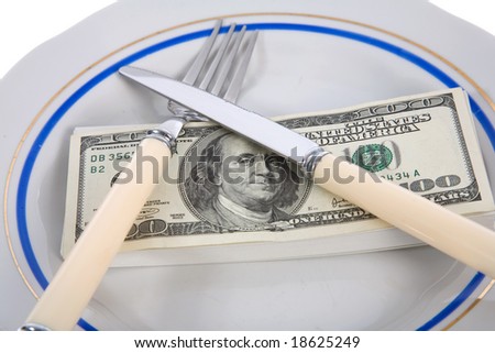 dollars on food plate with fork and knife