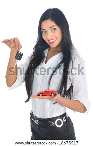Business woman advertises selling the cars on white background