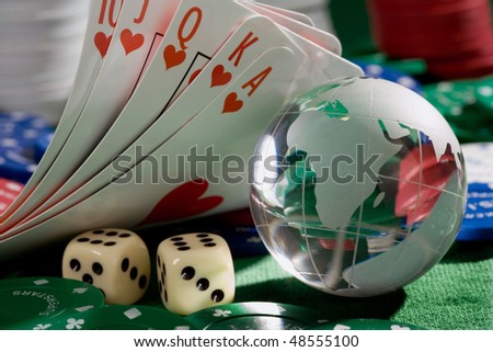 playing card  chips, dice, and globe