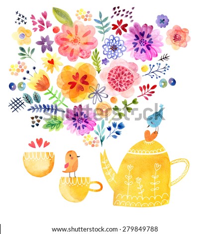 Cute tea time card watercolor
