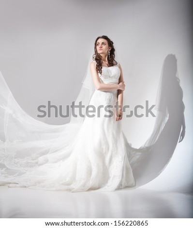 Young bride with long veil posing in studio