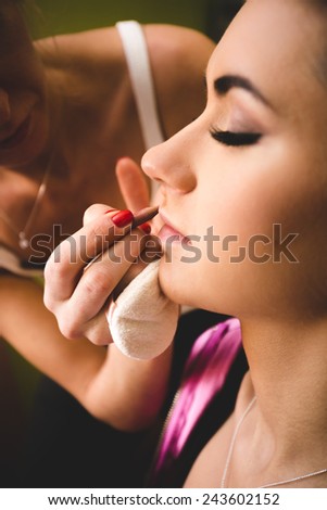 Closeup photo of professional makeup artist painting woman lips with brush