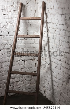 Studio photo of old wooden ladder leaning against white brick wall