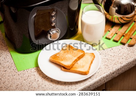 Closeup shot of baked toasts lying on white dish with glass of milk