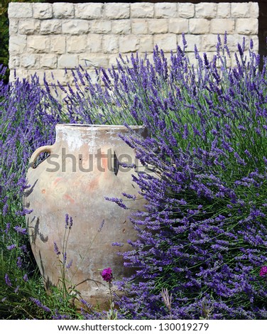 A traditional ornamental jar against a stone wall amidst lush lavenders.