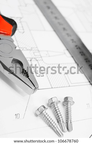 The drawing, ruler and screws.