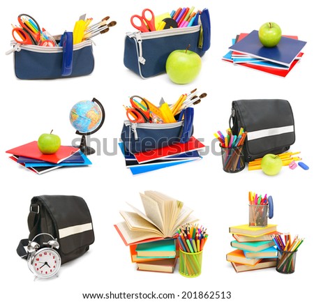 Back to school. The big set of works on school subjects. On a white background.