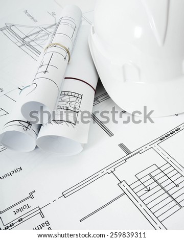 Planning of construction of the house. Drawings for building house and helmet. Working drawings.