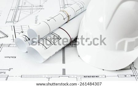 Planning of construction of the house. Drawings for building house and helmet. Working drawings.