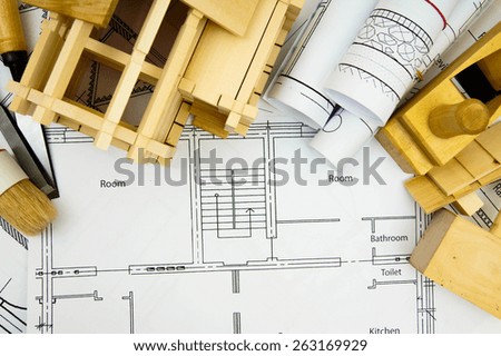 Planning of construction of the house. Repair work. Joiner\'s works. Drawings for building, working tools and wooden house.