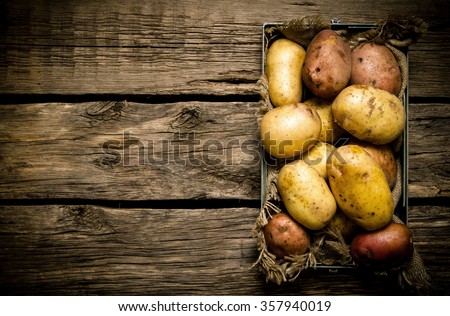 Raw potato food . Potatoes in an old box on a wooden table . Free space for text. Top view