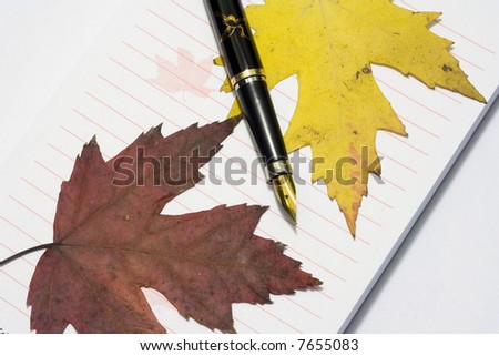 Ink pen with writing-pad and fall golden leafs 2