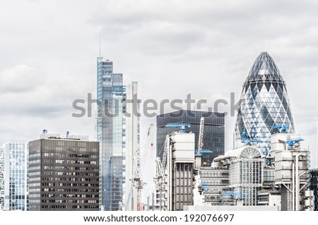 City of London from Monument to the Great Fire of London: 30 St Mary Axe (AKA Swiss Re Building or Gherkin) by N. Foster and Arup Engineers, Lloyd\'s of London, other financial buildings, London, UK