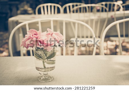 Pink rose in the glass vase on the table in the garden restaurant, vintage style