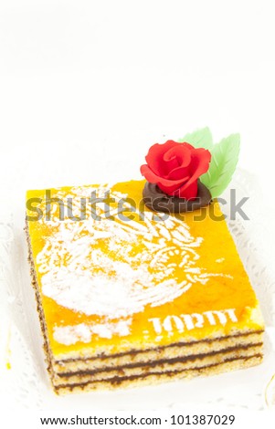 Burned yolk cake and delicious chocolate with white background