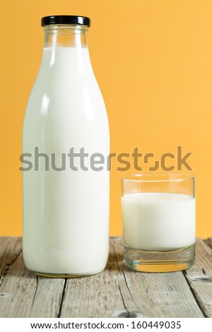 Milk bottle on a table with color background