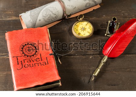 Old diary full of travel adventures with a compass
