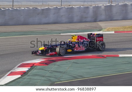 BARCELONA - MARCH 3: Mark Webber of Red Bull Racing  F1 team racing during Formula One Teams Test Days at Catalunya circuit on March 3, 2012 in Barcelona, Spain.