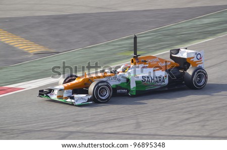 BARCELONA - MARCH 3: Paul Di Resta of Force India  F1 team racing during Formula One Teams Test Days at Catalunya circuit on March 3, 2012 in Barcelona, Spain.
