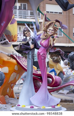 VALENCIA,SPAIN - MARCH 15:Las Fallas,papermache models are constructed then burnt in the traditional celebration in praise of St Joseph on March 15,2012 in Valencia,Spain.