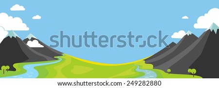 Panorama landscape with wountains, green valley and rivers in flat style