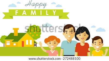 Happy family of four people on family house background in flat style