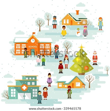 Small town urban Christmas celebration landscape. Cityscape winter background  with people in flat style