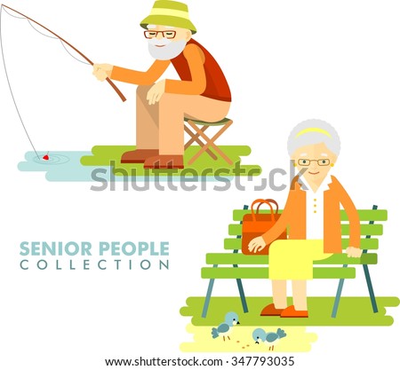 Social concept - old people hobby activity. Senior man fishing and senior woman sitting on the bench and rest
