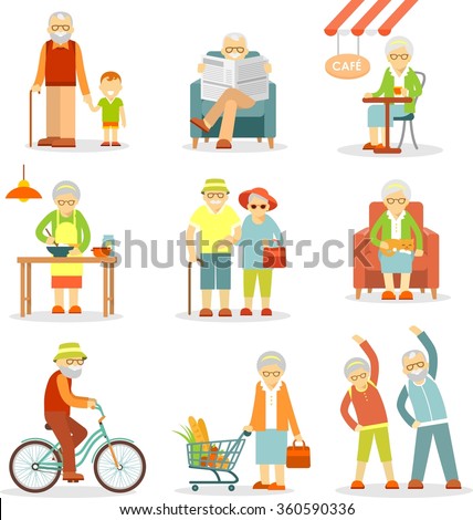 Set of old people in different situations. Senior man and woman activities - walking, cooking, shopping, cycling, recreation