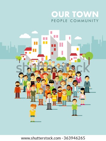 Modern multicultural society concept with city people in flat style. Group of different people in community on town background