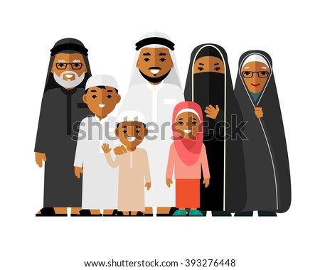 Happy muslim arabic family isolated on white background in flat style. Arab people father, mother, son, daughter, grandmother and grandfather standing together in traditional islamic clothes